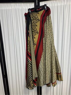 First Impressions Red, Black & Tan Boho Silk Maxi Wrap Skirt